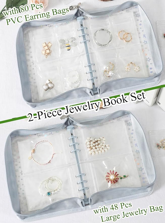Travel Jewelry Organizer Book Clear Earring Storage Case Transparent Jewelry Organizer Storage Case (Light blue, Set Pack of 2 Jewelry books)