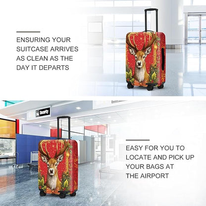 Vintage Plaid Christmas Luggage Cover - Red Tartan with Golden Deer and Holly, Classic Stretchable Suitcase Cover 32 34 Inch