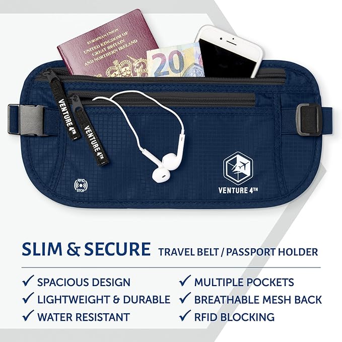 VENTURE 4TH Travel Money Belt - Slim Passport Holder RFID Blocking Travel Pouch to Protect Cash, Credit Cards and Travel Documents (Navy Blue)