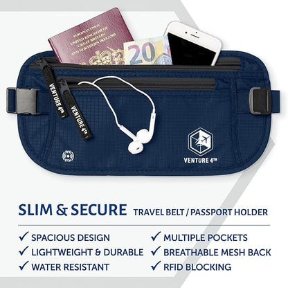 VENTURE 4TH Travel Money Belt - Slim Passport Holder RFID Blocking Travel Pouch to Protect Cash, Credit Cards and Travel Documents (Navy Blue)