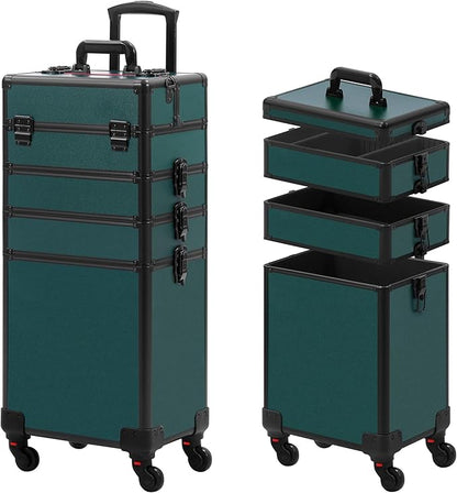Makeup Train Case, Rolling Makeup Case with Lid, 5 in 1 Cosmetology Case on Wheels, Christmas Gift, Large Makeup Case Organizers, Profesional Cosmetic Case for Salon Barber, Black Green