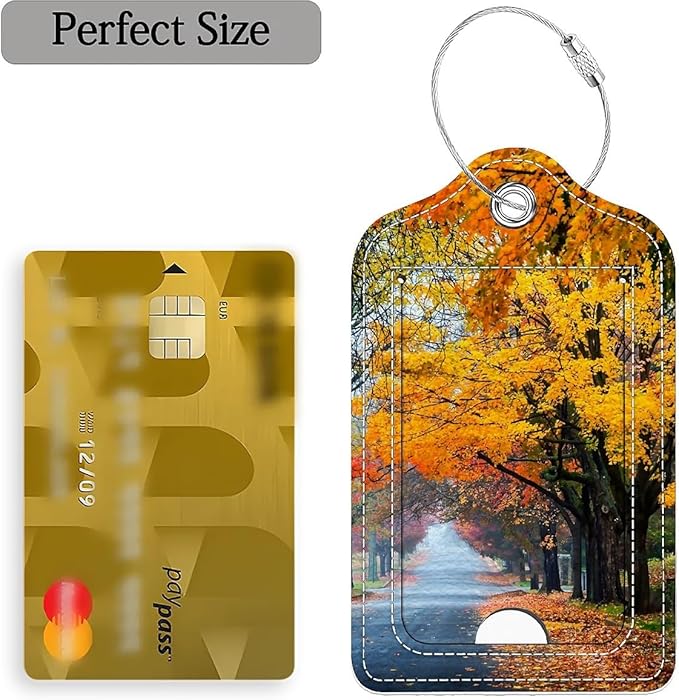 Funny PU Leather Luggage Tags 2-Pack Suitable for Suitcase Stainless Steel Loop and Address Card Essential with Cruise and Airport Travel Fallen Leaves in Autumn Cute Pattern
