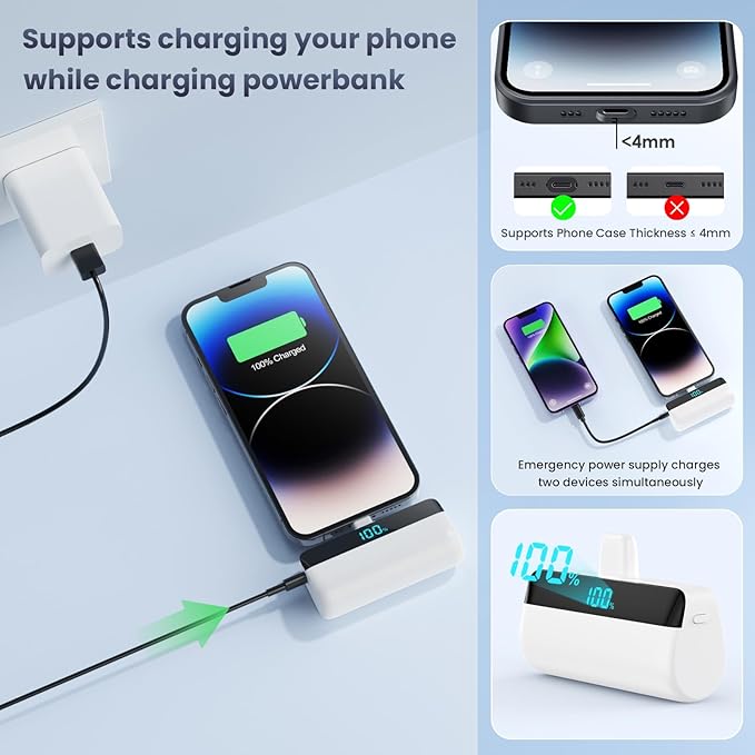 Mini Portable Charger for iPhone,5200mAh PD Fast Charging Battery Pack,LCD Display Cute Power Bank Portable Phone Charger for iPhone 14/14 Pro Max/13/13 Pro/12 Pro/11/XS/XR/X/8/7/6-Warm White