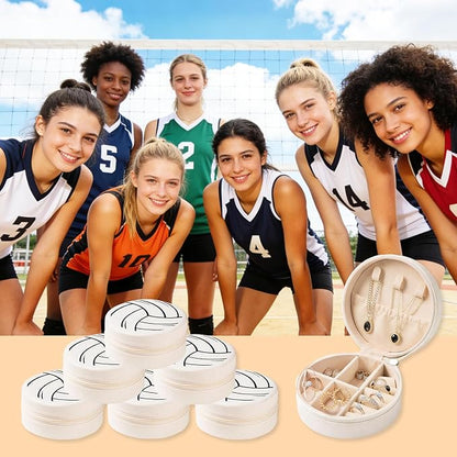 Adboros 18 Pack Volleyball Mini Travel Jewelry Case White Round Volleyball Stuff Portable Jewelry Organizer Storage Case Small Faux Leather Jewelry for Sports Team Birthday Goodie Favors Gifts Bulk