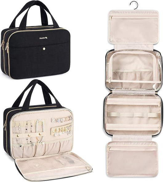 Hanke Hanging Travel Toiletry Bag for Women with Jewelry Organizer Compartment, Travel Essentials Toiletries and Makeup Bag, Water-Resistant & Stain-Resistant with Trolley Strap (Black)