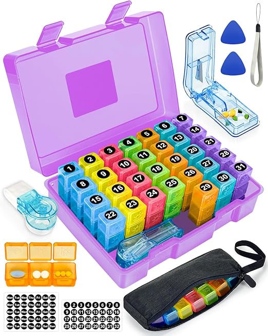 Monthly Pill Organizer 3 Times a Day, FRIWOLE Medicine Box with Portable Weekly Pill Bag, Keychain Pill Case, Pill Cutter and 2 Sticker (Purple, 3 Times a Day)