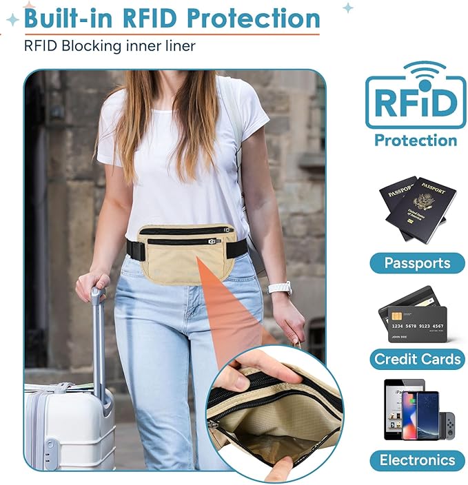 travel inspira Travel Money Belt with Slim Anti-Theft RFID Blocking Passport Holder for Travel Concealed under Clothes for Ultimate Protection of Credit Cards, Cash, Passport & Documents, Beige