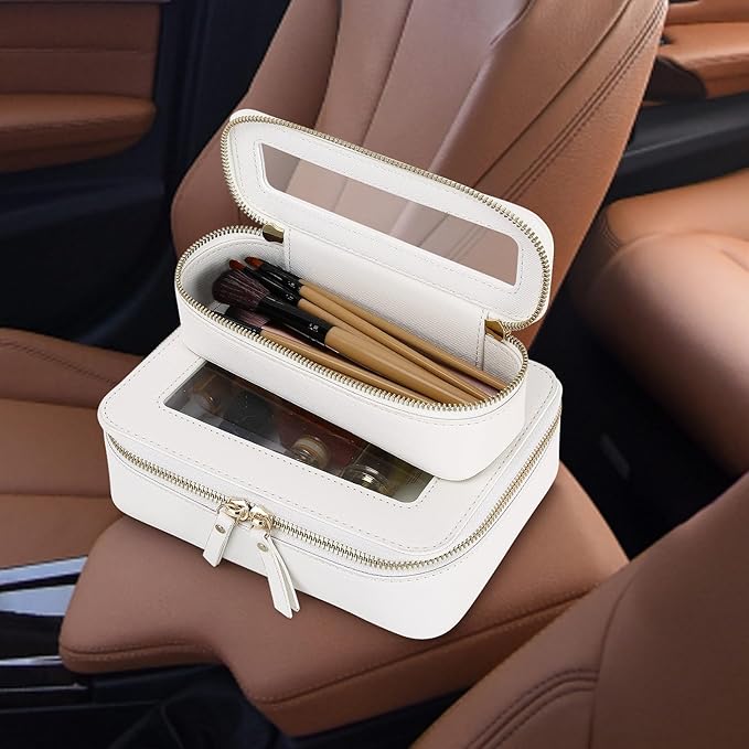 Pinkmik Travel Clear Makeup Bag with Brush Case TSA Approved Toiletry Bag Waterproof Cosmetic Organizer with Zipper Car Essential for Women (White, M+SLIM)