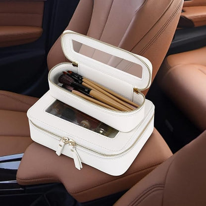 Pinkmik Travel Clear Makeup Bag with Brush Case TSA Approved Toiletry Bag Waterproof Cosmetic Organizer with Zipper Car Essential for Women (White, M+SLIM)