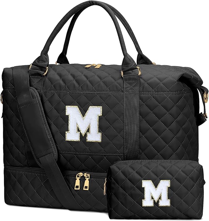 Gifts for Teens Girls Women Initial Travel Duffle Bag Quilted Weekender Carry-On Overnight with Cosmetic Bag, Gym Bag with Shoe Compartment, Black M