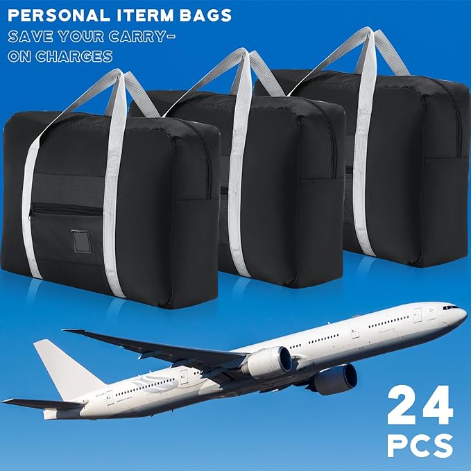 Sweetude 24 Pcs Travel Duffel Bags Bulk Foldable Luggage Bag Women Men Waterproof Carry Tote with Trolley Sleeve for Gym, Overnight, Airlines(Black)