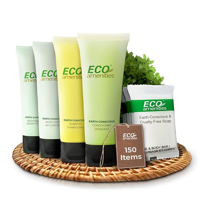 ECO amenities Travel Essentials Toiletry Kit - 150-Piece Hotel Toiletries Bulk Set - Shampoo & Conditioner Pack - Travel Body Wash & Bar Soap - 30ml Shampoo/Conditioner, 30ml Body Wash/Lotion,28g Soap