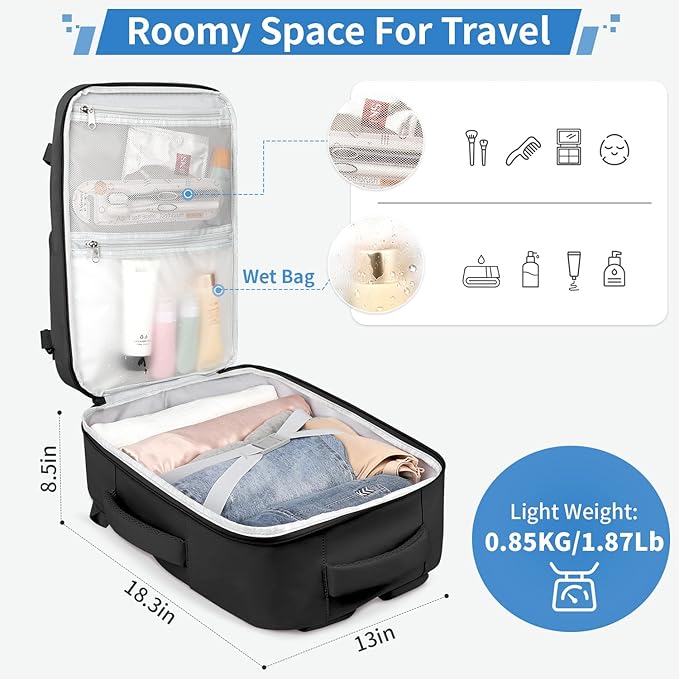 ZOMFELT Travel Backpack for Men, Carry on Backpack, TSA 17.3 inch Laptop Backpack Flight Approved, Personal Item Travel Bag Nurse Bag Casual Daypack for Weekender Business Trip, Black