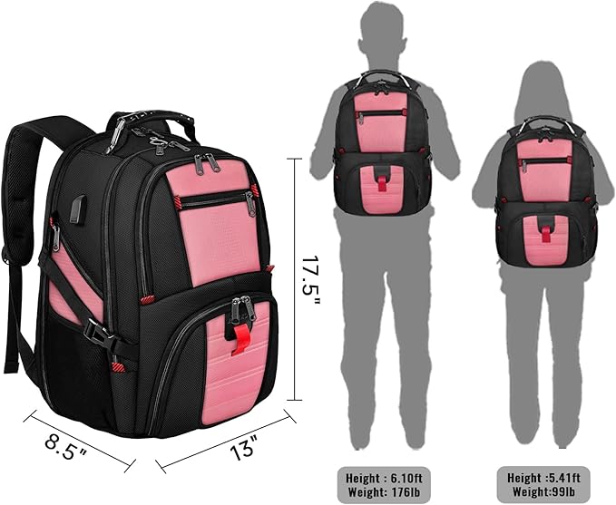 YOREPEK Travel Backpack, 50L Laptop Backpacks for Men Women, Water Resistant Airline Approved Bag with USB Charging Port Fits 17 Inch Computer, Pink