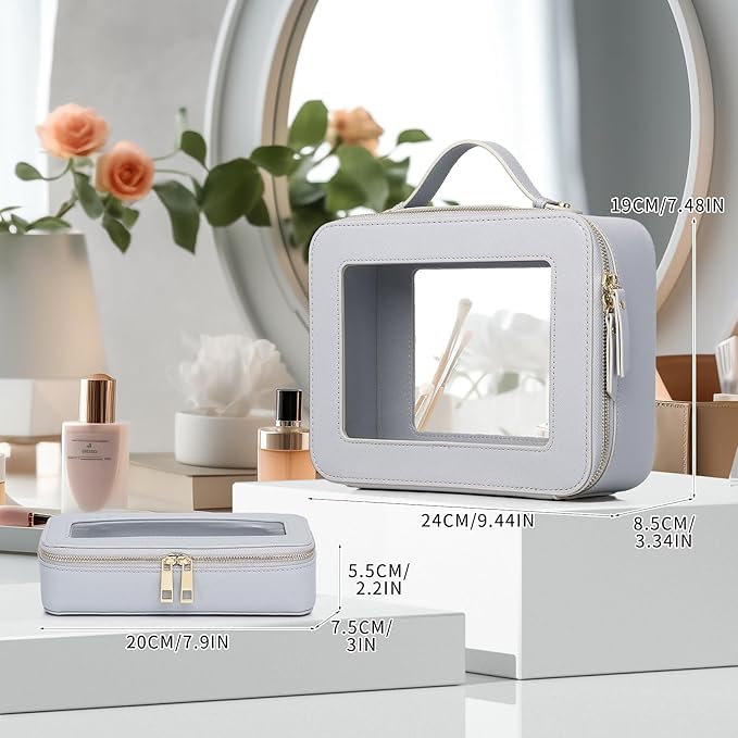 Pinkmik Clear Makeup Bag with Brush Bag 2pcs Waterproof Travel Case for Cosmetics and Toiletries Women's Cosmetic Organizer with Zipper (Gray, L+SLIM)