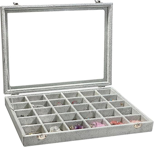 Stratalife Jewelry Organizer Jewelry Holder Storage Earring Organizer Box Tray with Lid Velvet Earring Display for Drawer 30 Grid Grey