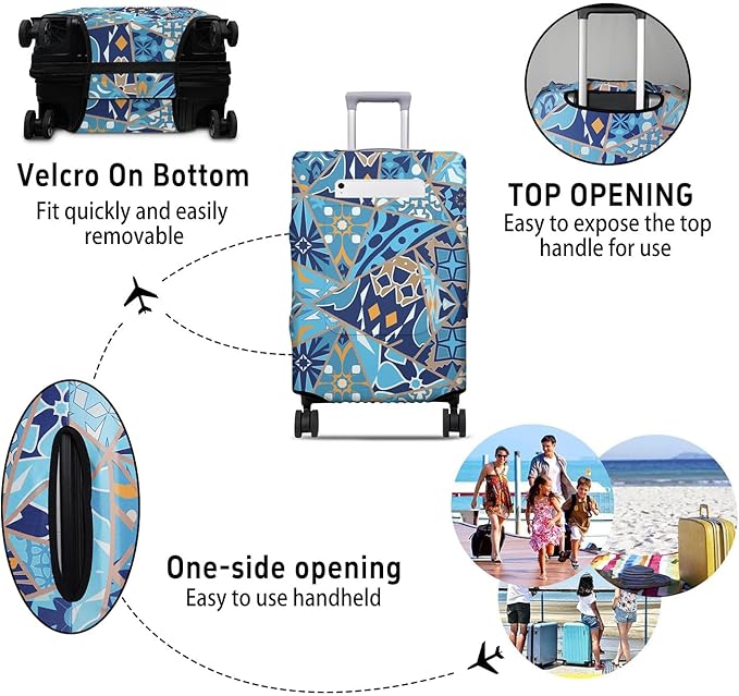 Portuguese Tiles Travel Luggage Cover, Travel-Themed Suitcase Protector Stretchable, Washable Travel Suitcase Cover (M for 22-24 Inch Luggage)