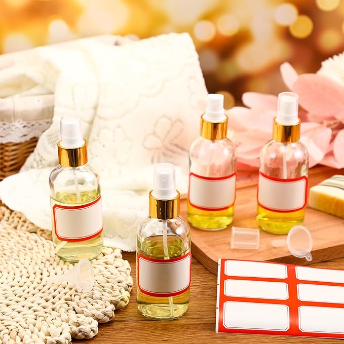 Fumete 36 Pcs Glass Spray Bottles 4oz Fine Mist Glass Spray Bottle Refillable Liquid Containers with 6 Labels 6 Funnel for Hair Travel Plants Cleaning Solutions Skin Care(Clear,Simple)