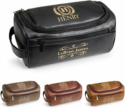 Personalized Toiletry Bag for Men, Custom Leather Shaving Dopp Kit for Him, Engraved Name Initials Travel Bag for Husband, Personalized Christmas Birthday Gifts for Men Dad Groomsmen-Black