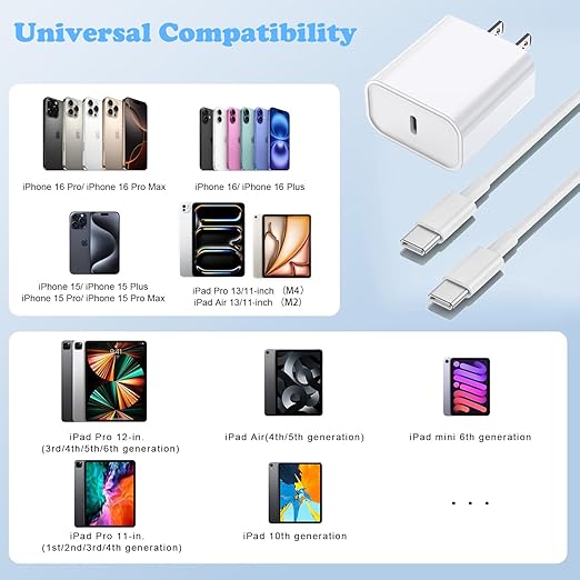 iPhone 16/15 Charger, USB C Charger, 2-Pack 20W Type C Fast Wall Charge Power Adapter, 6FT 60W USB-C to C Cable for iPhone 16/15 Pro/15 Pro Max, iPad Pro 12.9/11 inch, New iPad Air 5/4th, AirPods Pro
