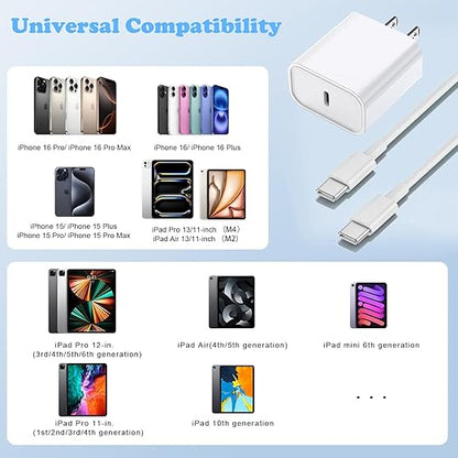 iPhone 16/15 Charger, USB C Charger, 2-Pack 20W Type C Fast Wall Charge Power Adapter, 6FT 60W USB-C to C Cable for iPhone 16/15 Pro/15 Pro Max, iPad Pro 12.9/11 inch, New iPad Air 5/4th, AirPods Pro