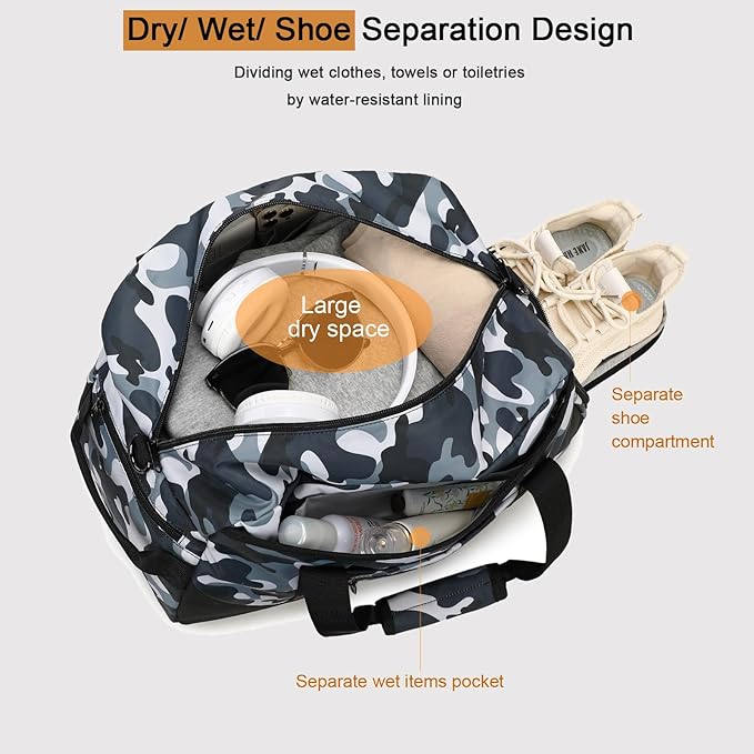 Octsky Overnight Bag Weekender Bag Sports Gym Travel Duffel Bag with Shoe Compartment, Camo Grey