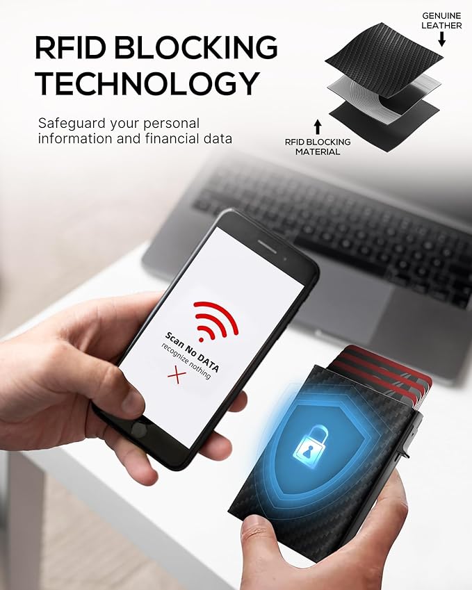 Mens Wallet Card Holder - Smart Wallet for Men, Pop Up Card Case, Top Grain Leather, RFID Blocking, Slim, Minimalist, Ultra-Thin, Front Pocket, 12 Card Capacity | ID Window | Cash Slot (Carbon Fiber)