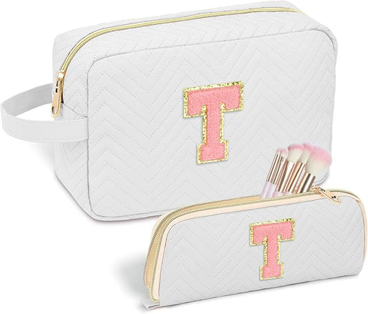 Personalized Initial Makeup Bag Trendy Stuff Leather Waterproof Cosmetic Bag Travel Toiletry Bag, Christmas/Thanksgiving/Halloween Gifts Makeup Organizer Case for Women Girls Mom Girlfriend Wife