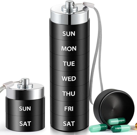 Metal Travel Pill Organizer, Large Weekly Pill Box, Portable Aluminum Alloy Waterproof Container, 7 Day Daily Medicine Organizer Holder for Vitamin, Fish Oil, Supplement, Black