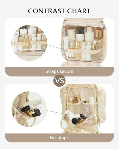 EACHY Toiletry Bag with Hanging Hook, Travel Makeup Bag PU Leather Cosmetic Bags for Women Make Up Organizer with 4 Compartments Waterproof Full-Size Portable Travel Essentials (White，Pro)