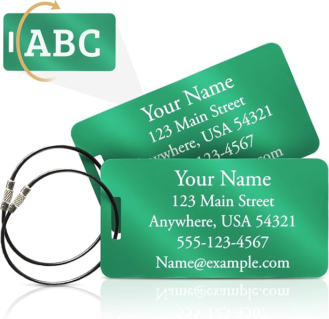 Two Custom Engraved Aluminum Luggage Tags (Green)