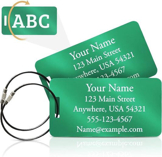 Two Custom Engraved Aluminum Luggage Tags (Green)