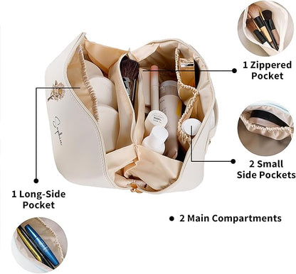 callie Personalized Makeup Bag - Custom Name & Birth Flower, Leather Cosmetic Organizer Bag with Zippers & Handle, Birthday Christmas Travel Gifts for Women