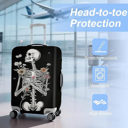 ANNA QUEEN Funny Skull Flower Travel Luggage Cover Suitcase Protector Suitcase Cover Anti-Scratch,Stretchable Fit for 18-32Inch Luggage,Travel Bag Cover Washable L(fits 26-28Inch suitcase)
