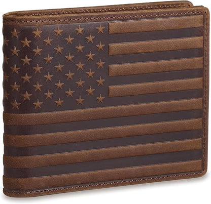 Full Grain Leather Wallet for Men, RFID Blocking, Mens Wallet Bifold with 2 ID Windows, Billfold with 13 Card Slots, Leather Gift for Men, American Flag Wallet Dark Brown