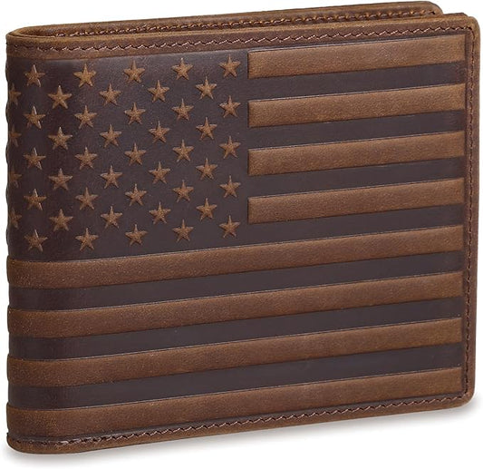 Full Grain Leather Wallet for Men, RFID Blocking, Mens Wallet Bifold with 2 ID Windows, Billfold with 13 Card Slots, Leather Gift for Men, American Flag Wallet Dark Brown