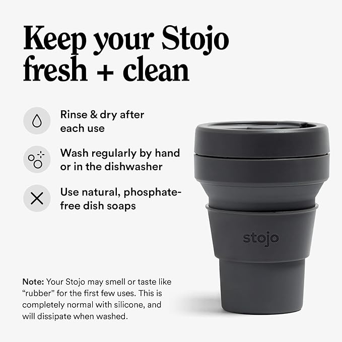 STOJO Collapsible Travel Cup - Reusable To-Go Pocket Size Silicone Bottle for Hot and Cold Drinks - Perfect for Camping - Microwave & Dishwasher Safe (Carbon, 12 Ounce (Pack of 1) - No Straw)