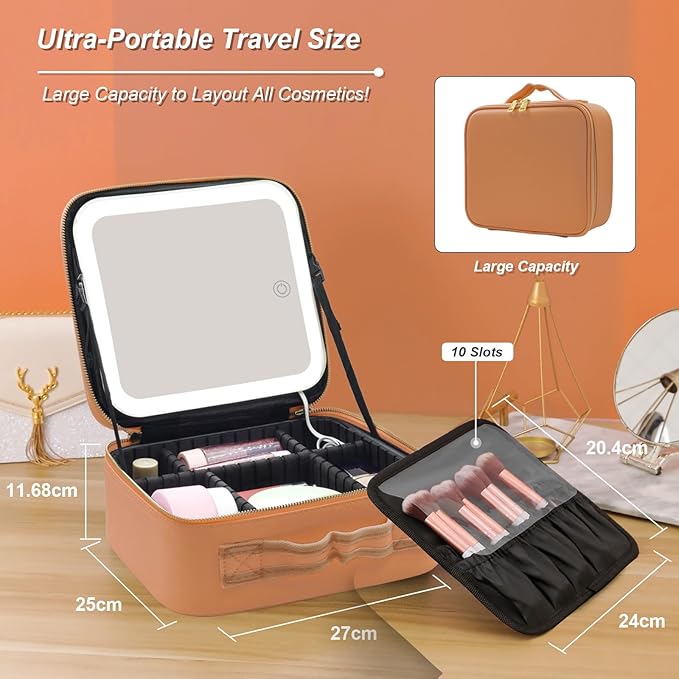 Makeup Case, Lighted Mirror, Travel, Waterproof, Brown