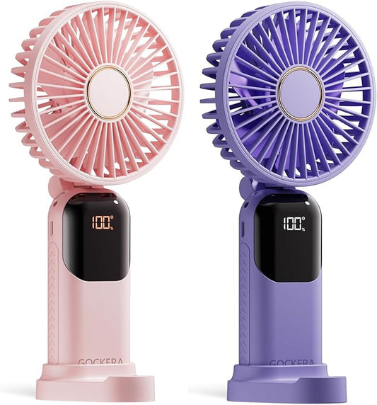 Portable Fan, 4200mAh Battery Operated Fan, 5 Speeds&Digital Display, Makeup Fans for Women with Base, 180°Foldable 3in1 Handheld/Neck/Desk Fan for Outdoor Indoor,Ultra Quiet (Pink Purple)