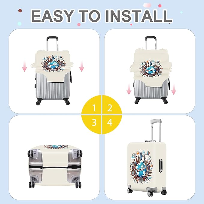 ANNA QUEEN Travel Around the World Luggage Cover, Colorful Landmark Suitcase Protector with Airplane & Globe Design, Stretchable, Washable Travel Sleeve for 24-26 Inch Luggage