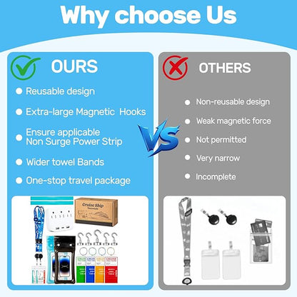 Cruise Essentials 2025 - Cruise Must Haves Kit with Non-Surge Protector Power Strip, Lanyard with ID Holder, Magnetic Hooks, Luggage Tag Set, Towel Bands, Waterproof Phone Holder - Travel Essentials