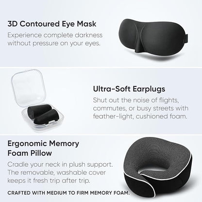 Proglobe Travel Neck Pillow 100% Memory Foam – Airplane & Car Travel Essentials Kit with 3D Eye Mask, Earplugs & Mesh Bag – Sleeping Support Pillow for Adults (Dark Grey)