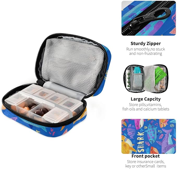 Colorful Bright Blue Sharks Travel Pill Organizer Case Box Container Weekly Portable Vitamin Medicine Holder Storage Bag with Zipper Removable