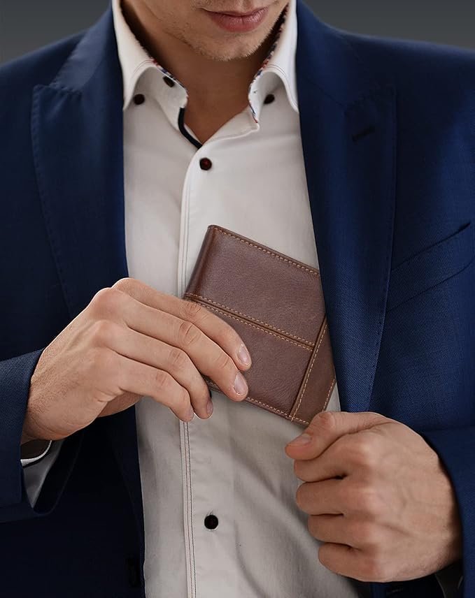 Swallowmall Leather Wallet for Mens Genuine Leather RFID Blocking Bifold Wallets with 1 ID Window 15 Card Slots