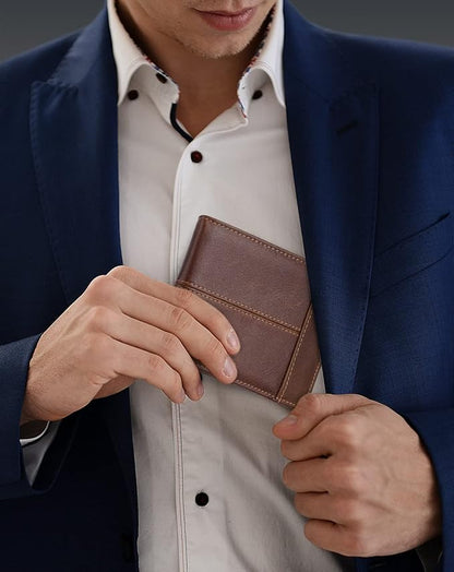 Swallowmall Leather Wallet for Mens Genuine Leather RFID Blocking Bifold Wallets with 1 ID Window 15 Card Slots