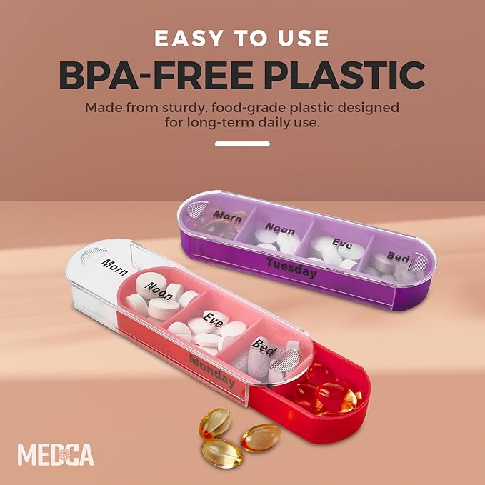 MEDca Weekly Pill Organizer, Four Times-a-Day, 1 Dispenser with Stackable AM/PM Compartments