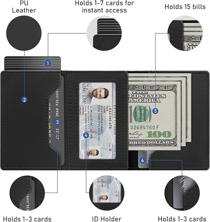 Business Card Holder Leather Wallets for Men Rfid Blocking Wallet Front Pocket Pop Up Aluminum Case Black Card Cases with 1 ID Window