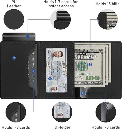 Business Card Holder Leather Wallets for Men Rfid Blocking Wallet Front Pocket Pop Up Aluminum Case Black Card Cases with 1 ID Window