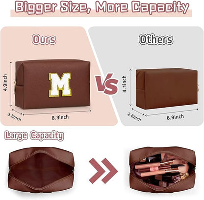 TOPEAST Preppy Stuff for Girls, Initial Makeup Bag Chenille Letter Pouch Cosmetic Bag with Zipper, PU Leather Waterproof Toiletry Bag, Cute Stuff Birthday Gift for Friends Sister (Brown T)