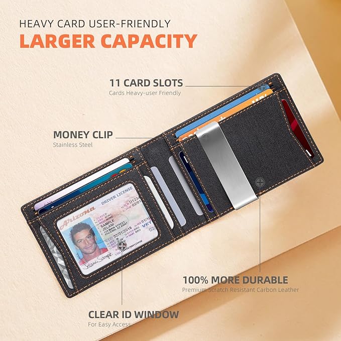RUNBOX Slim Wallets for Men - Leather Money Clip Mens Wallet - RFID Blocking Front Pocket Bifold Wallet - Thin Credit Card Holder with Gift Box